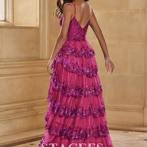 Fuchsia Tiered Sequin Evening Gown